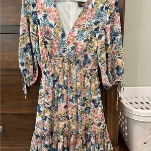 Taylor Pink and Blue Ruched Wrap Sundress with Bishop Sleeves